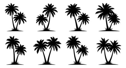 Collection of eight black silhouette illustrations of palm trees with grassy bases, arranged in two rows of four. © Kael