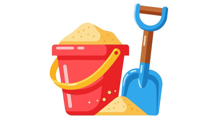 Obraz premium A red sand bucket filled with sand and a blue shovel, ready for beach or sandbox play.