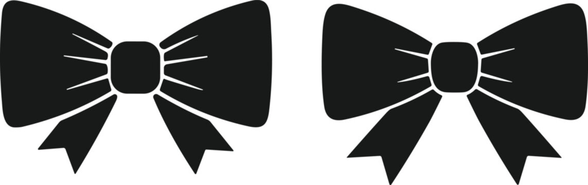 Black bow silhouette vector illustration, fashion ribbon design with knot and tails, decorative symmetrical art elements for style patterns