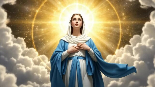 Blessed Virgin Mary receiving divine revelation amidst ethereal clouds, embodying the immaculate conception and her profound spiritual sanctity