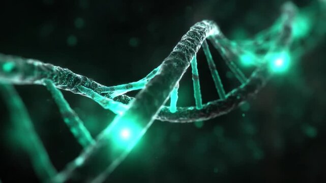 DNA Helix: An illuminated, luminous DNA helix spirals with graceful precision, symbolizing the intricate elegance of genetic structure within a dark, compelling environment.