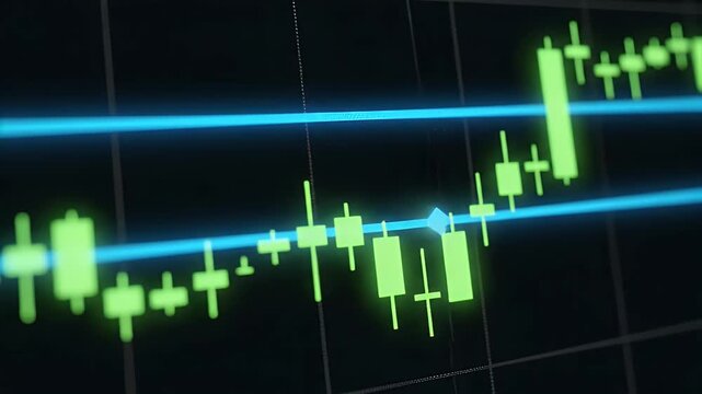 Glowing green graph on black, with blue lines indicating key points, shows fluctuations