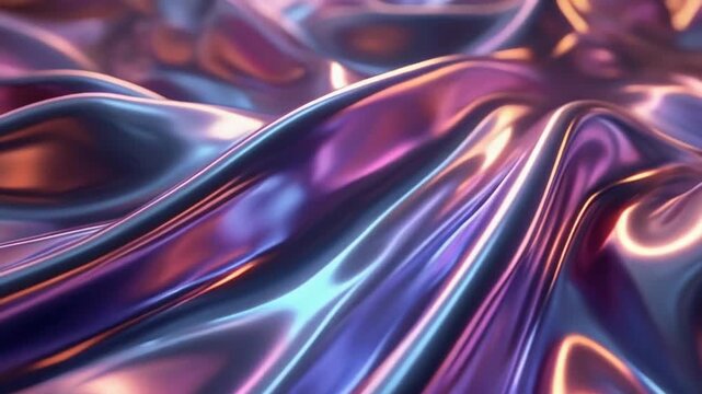 Iridescent metallic waves undulate across a surface, reflecting vibrant hues of purple, blue, and orange, creating a dynamic abstract background.