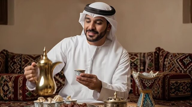 A smiling man dressed in elegant traditional Middle Eastern attire is captured pouring rich, dark coffee from a decorative golden dallah into a small finjan cup. Seated in a warm, inviting interior ad