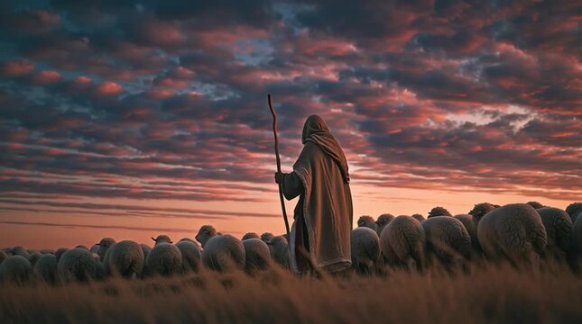  Jesus Christ as the Good Shepherd holding a staff and leading his flock of sheep at sunset