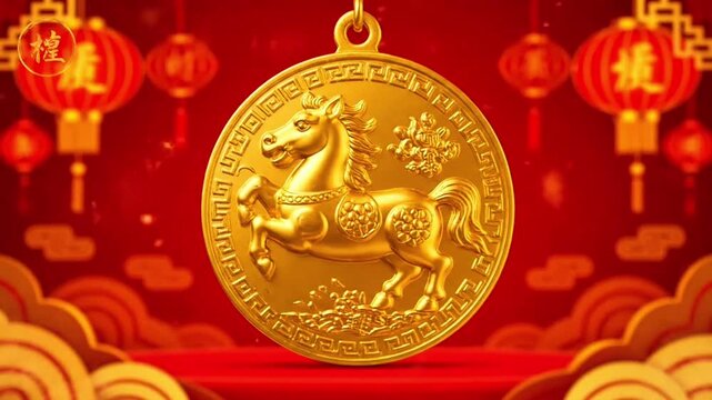 Golden horse medallion Chinese New Year symbol on red festive background
