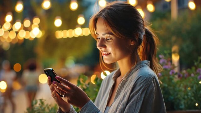 Young woman using smartphone outdoors at dusk, surrounded by festive string lights and lush greenery.