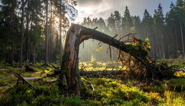 A sunlit forest scene features a fallen, broken tree. Rays of light pierce through the canopy, illuminating the forest floor