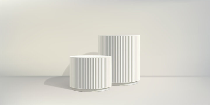 White round poduim bg, ribbed column pillar 3d render. Two grey bases. Product discount marble stand, fluted elegant pedestal on pastel limbo. Cosmetic promotion empty stage, museum exhibition display