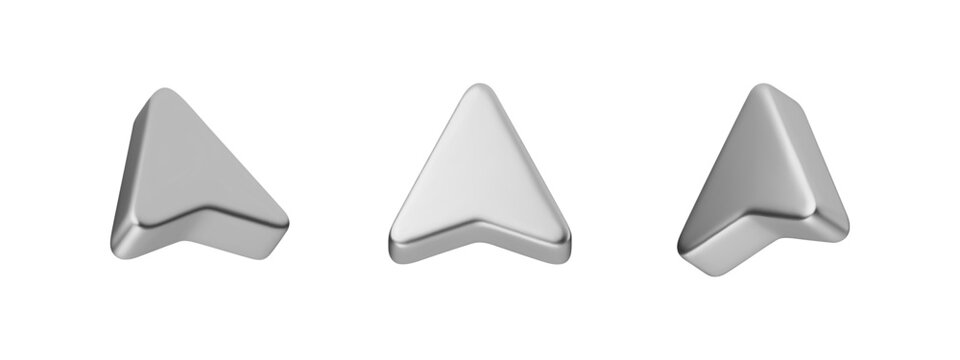 3D chrome arrow icon with metallic gradient texture. Futuristic silver cursor pointer for modern UI design, digital interface navigation element with realistic steel finish.