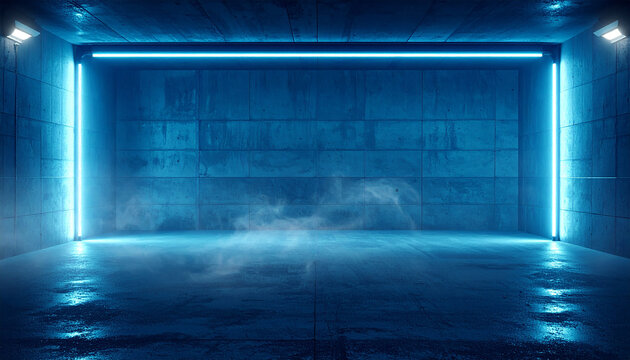Empty underground garage with neon blue lights on concrete wall, subtle smoke haze, clean composition