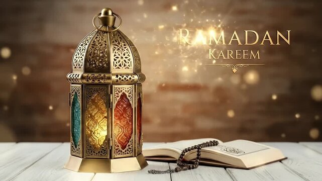 An elegant golden ornate lantern with intricate patterns illuminates a serene setting, casting a warm, inviting glow. An open book, possibly a sacred text, and prayer beads rest beside it on a rustic 