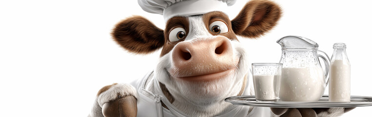 Portrait of a Cute Smiling Chef Cow Holding a Tray of Fresh Milk in a Bottle, a Glass and a Glass Carafe, Isolated on White Background with Copy Space. Healthy Eating Concept. Generative Ai.