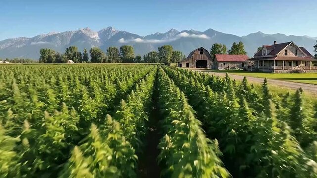 An expansive aerial view gracefully sweeps over a vibrant, meticulously cultivated field of green plants, their uniform rows stretching towards a picturesque farmstead. A rustic wooden barn and a char