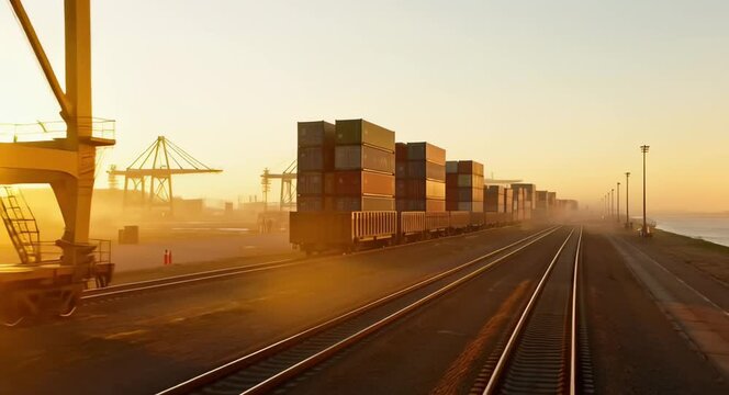 Cargo train with containers at sunset, perfect for transportation, logistics and global trade visuals.