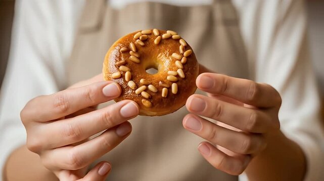 Close-up shot of anonymous hands gently holding a freshly baked, golden-brown bagel or donut-shaped pastry generously topped with crunchy pine nuts. The soft focus background highlights the delicious 