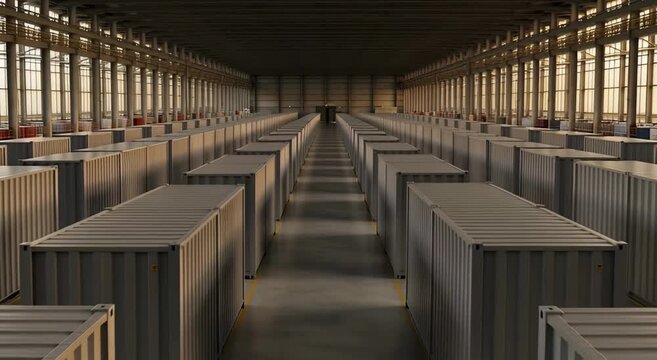 Endless rows of warehouse storage units, ideal for logistics, inventory and industrial backgrounds.