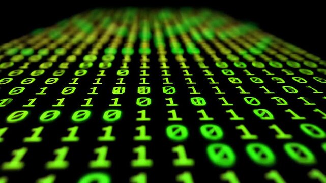 Green binary code flows in a digital tunnel on a black background with glowing effect.
