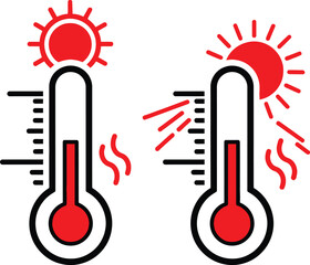 Graphic Vector Illustration of Hot Thermometers with Sun Rays Representing High Summer Temperature and Heatwave Conditions