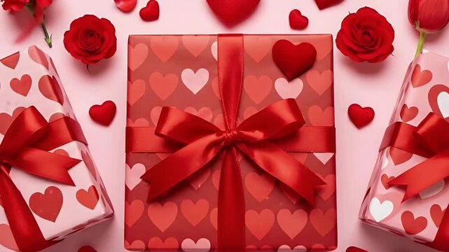 This captivating overhead flat lay features a vibrant arrangement of three beautifully wrapped gift boxes, adorned with lustrous red ribbons and heart-patterned paper in varying shades of red and pink