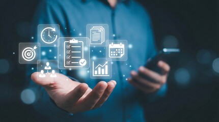 A person holds out their hand illuminated by floating digital icons representing business data analytics and technological solutions high quality professional detailed