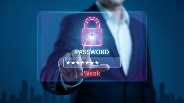 A businessman interacts with a digital padlock and the word password displayed on a glowing touchscreen interface high quality professional detailed modern