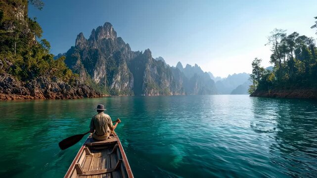Panoramic traveler on boat enjoying lake at Khao Sok National Park, rock islands and lush nature, scenic Thailand tourism destination