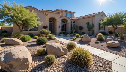 Modern desert home with landscaped front yard and clear skies arizona front yard
 