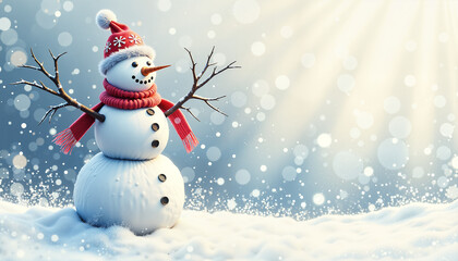 Fototapeta premium snowman wearing a red hat and scarf standing outdoors in a snowy landscape with sunlight and bokeh effect, concept winter joy
