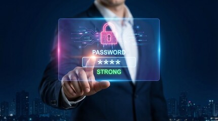A businessman interacts with a glowing digital interface displaying a padlock and password symbolizing cybersecurity and data protection high quality professional detailed