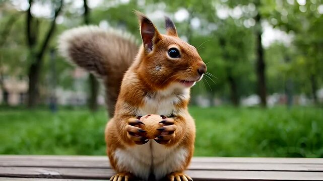 A playful squirrel holds a nut, showcasing its charming features in a vibrant outdoor setting.