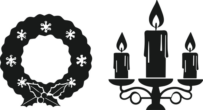 Black Christmas wreath and candelabrum silhouette vector illustration, festive holiday decoration with candles, holly leaves, berries, seasonal design art