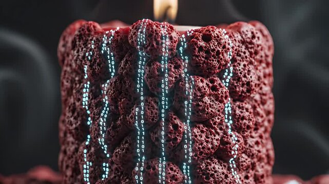 A lit red candle with a porous surface is adorned with glowing binary code