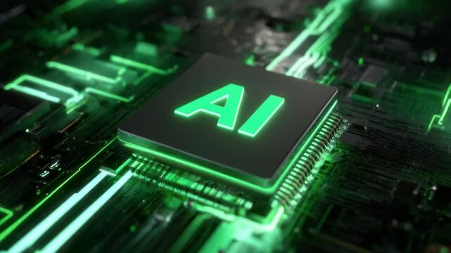 Digital AI Core: A close-up view of a high-tech processor at the heart of artificial intelligence, with an AI marking glowing in the center. It depicts a network of digital circuits and data flow.