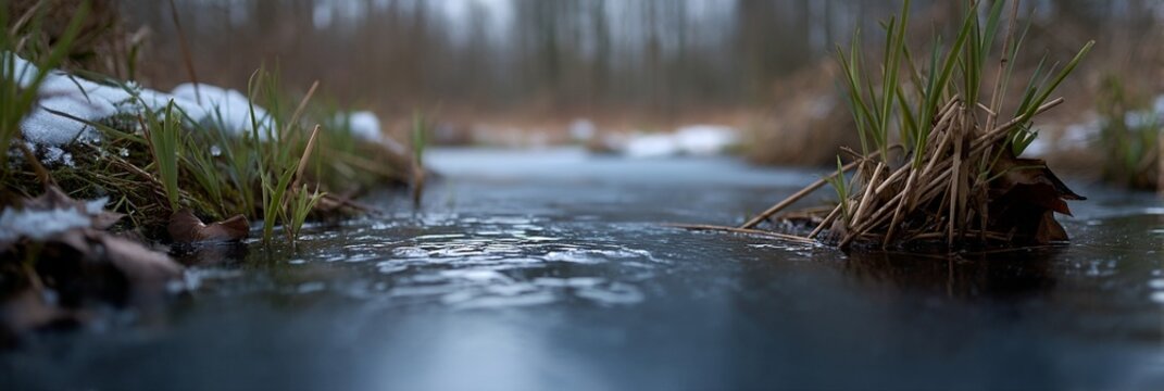 Low angle view of a quiet creek with rippling water, early spring thaw with melting snow and reeds, calm nature background for environment and renewal themes