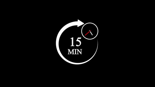 15 Minutes Clock Animation with Circular Arrow Loop and Black Background for Time Management and Deadlines.Animation video timer icon with 15 min.timer 15 minutes countdown icon.with video animation.