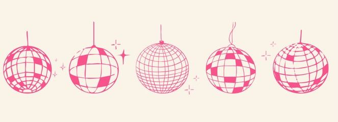 Disco ball pink set, sketch y2k line tattoo creative. Retro bachelorette doodle party hand drawn decoration. Music, party, and vintage.