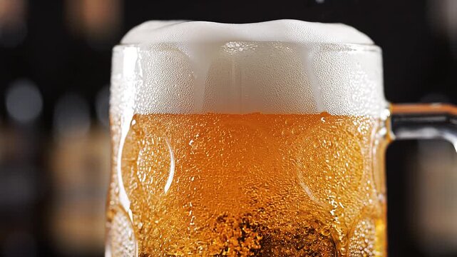 Cold Beer Mug with Foam and Condensation on Dark Background