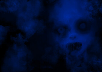 青の怨霊や煙が蠢く不気味な背景画像