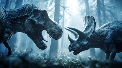 Fototapeta premium In a hazy forest, a fierce clash between a Tyrannosaurus rex and a Triceratops captures the raw power of nature. Sunbeams filter through the dense trees
