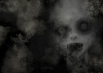 灰色の怨霊や煙が蠢く不気味な背景画像