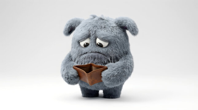 Grey sad furry monster holding an empty wallet. Sad cute creature showing lack of money on white background. Banner template of the financial crisis and poverty concept with copy space.
