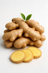 Fresh raw ginger rhizomes with green leaves and slices on white background.
