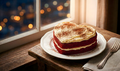 Heart Shaped Red Velvet Cake on Wooden Table with Night City Bokeh for Romantic Valentine Concept