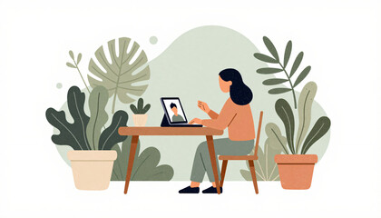 Fototapeta premium Woman working remotely on laptop in home office illustration