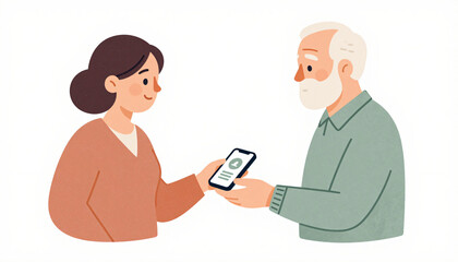Fototapeta premium Elderly man learning smartphone use from young woman illustration