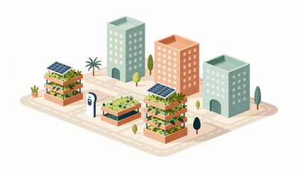 Sustainable City Isometric Illustration with Vertical Gardens