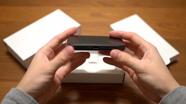 Mans Hands Unboxing a New Portable SSD Hard Drive on a Wooden Table.