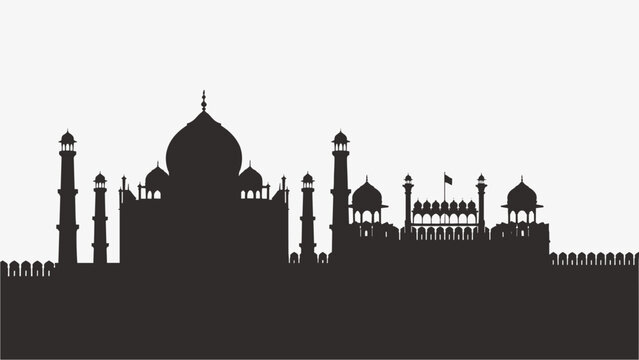 Panoramic Indian city skyline vector with Taj Mahal and Red Fort silhouette. Ancient historic monuments of India illustration for republic day or architectural design element.