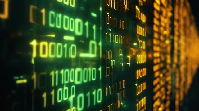Data processing and data protection concepts represented by binary code on a digital display, data protections text and digital data processing over computer servers